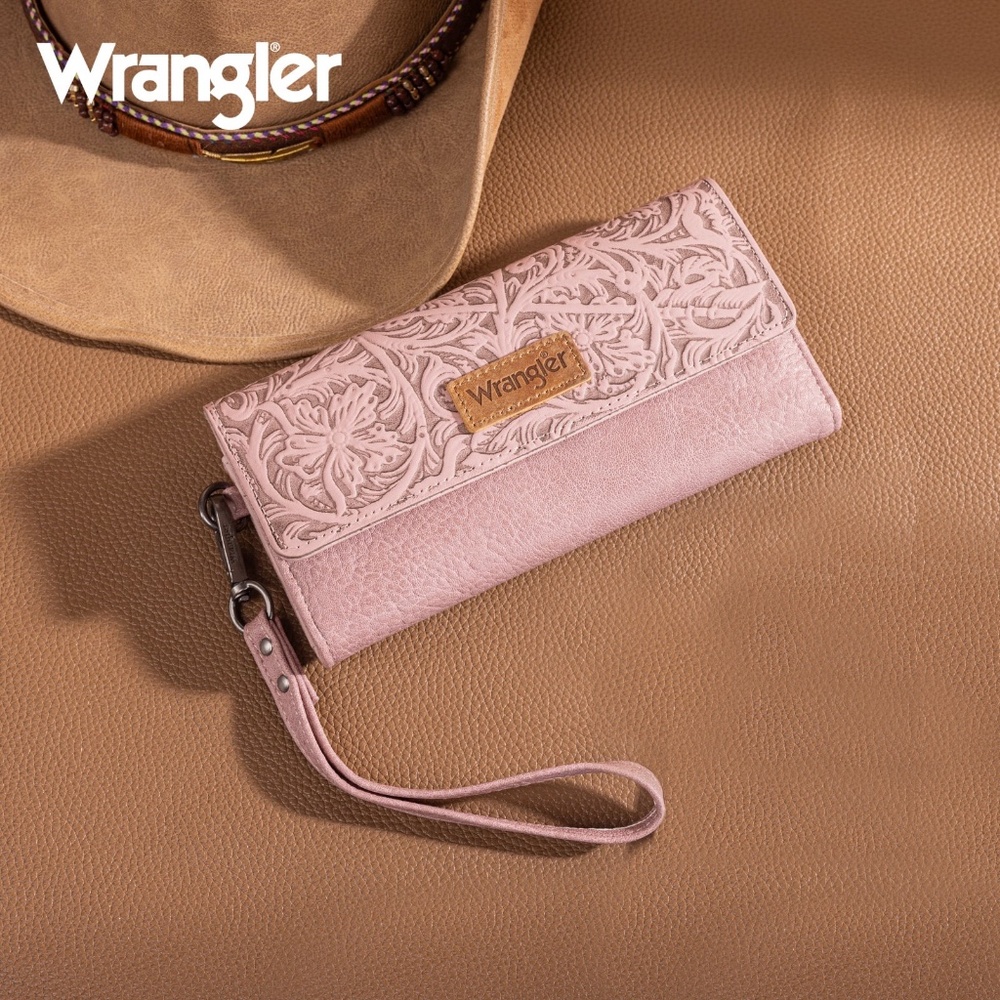 Wrangler Western Floral Tooled Tri-fold RFID Wallet/Wristlet Pink